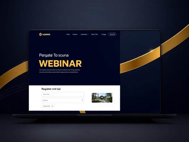 Dark navy webinar landing page with gold accents