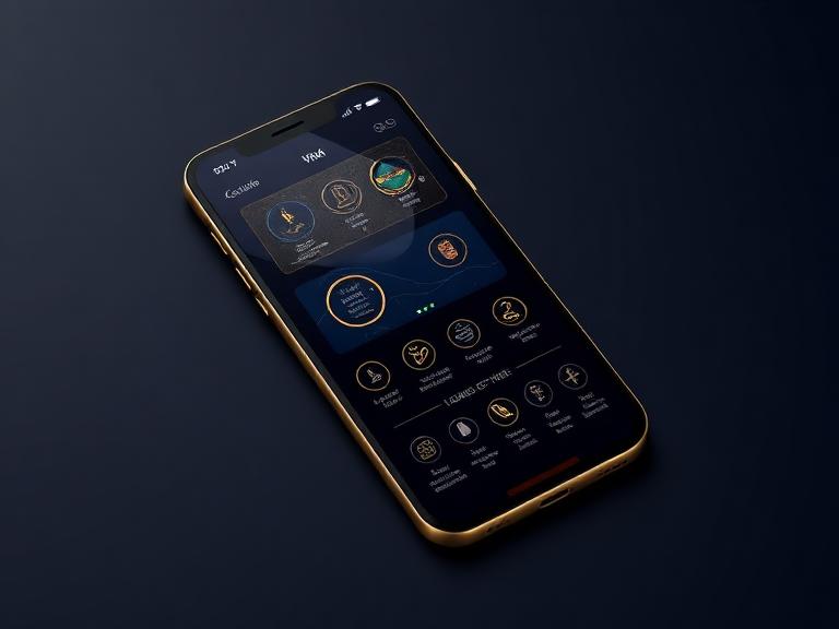 Sleek mobile app with gold UI on smartphone