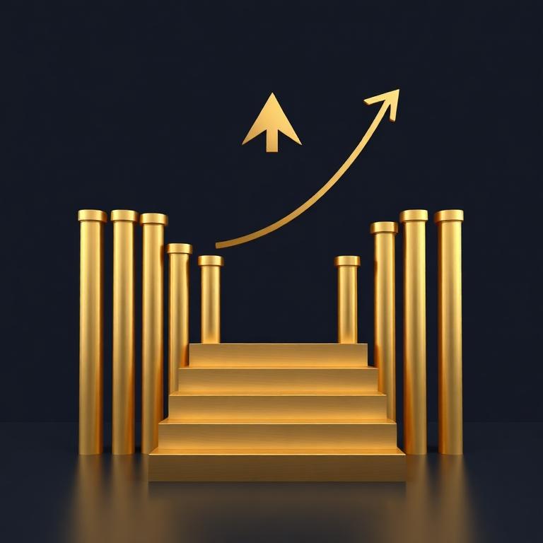 Ascending gold staircase with arrow