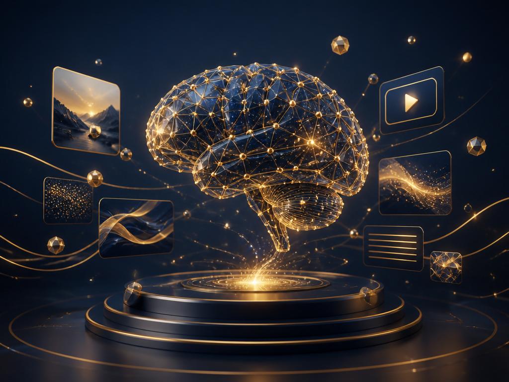 Glowing AI brain generating content snippets