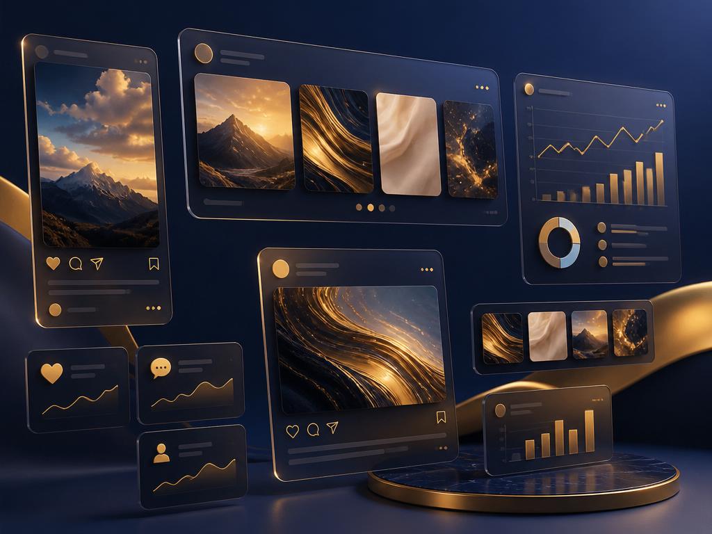 Dark navy social media content dashboard with gold accents