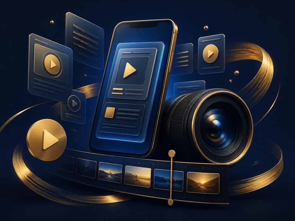 Smartphone and camera with floating video script cards