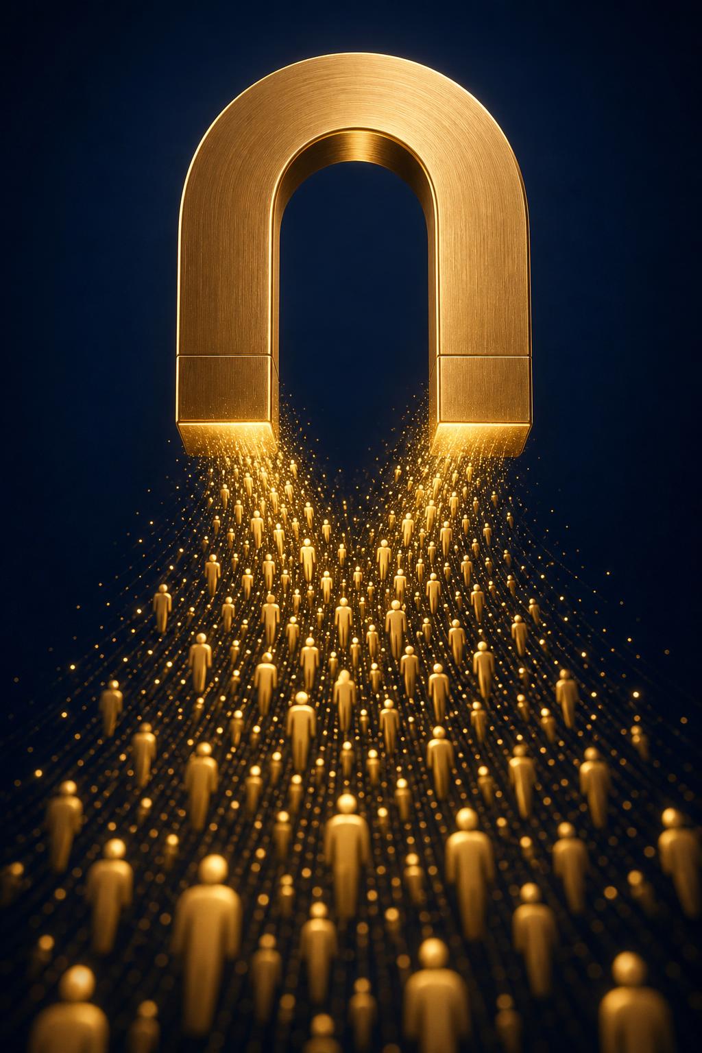 Large brushed gold magnet attracting stylized people and glowing leads