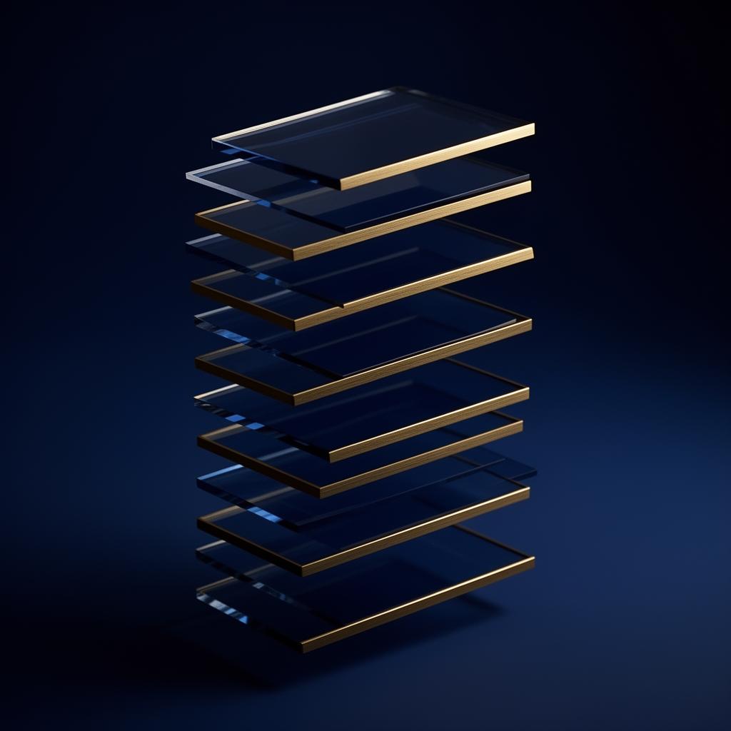 Stack of translucent navy glass cards with gold edges
